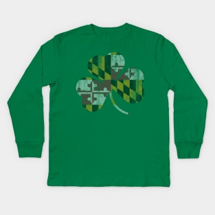 Maryland Flag Irish Shamrock St Patricks Day Kids Long Sleeve T-Shirt